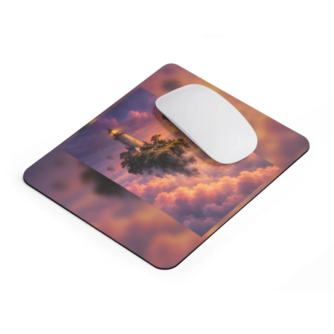 Glowing lighthouse on a floating island above pink clouds at sunset – Mouse Pad, view 2