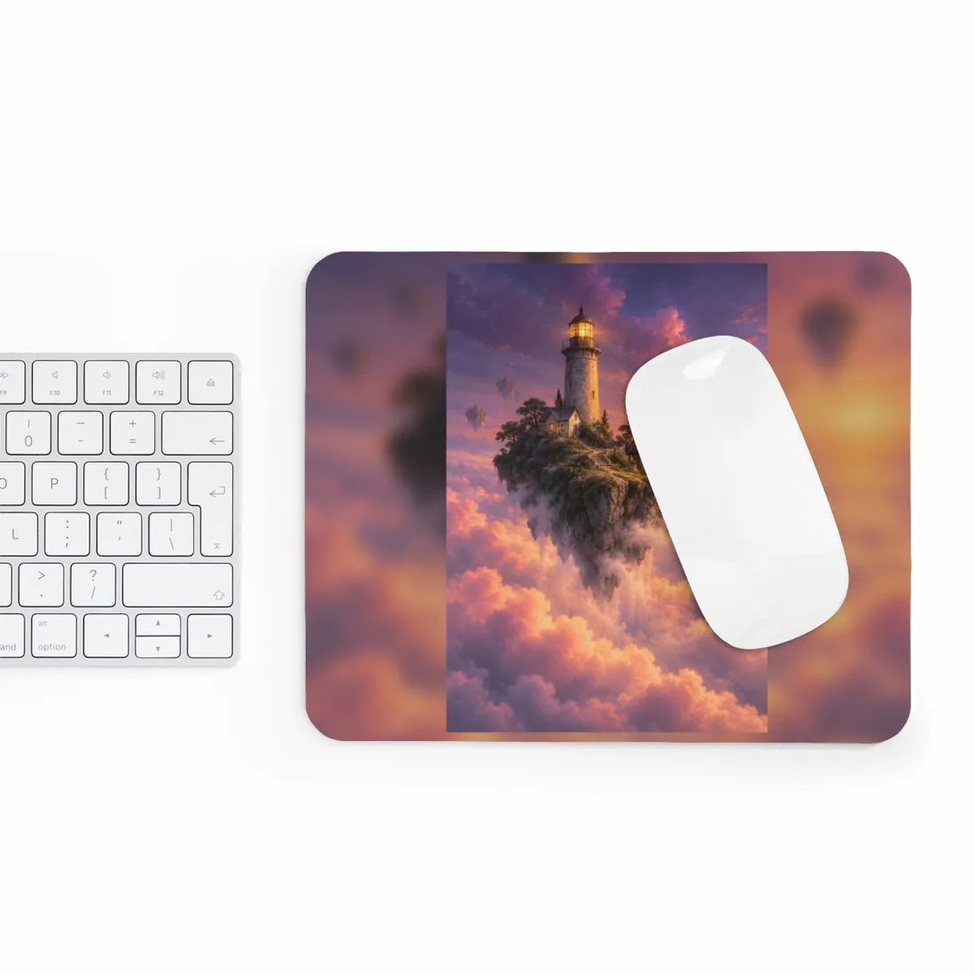 Glowing lighthouse on a floating island above pink clouds at sunset – Mouse Pad, view 3