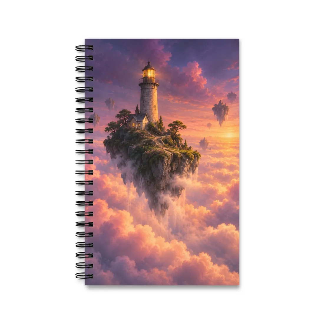 Glowing lighthouse on a floating island above pink clouds at sunset – Spiral Notebook, view 1