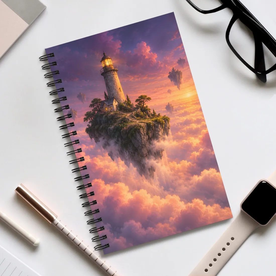 Glowing lighthouse on a floating island above pink clouds at sunset – Spiral Notebook, view 2