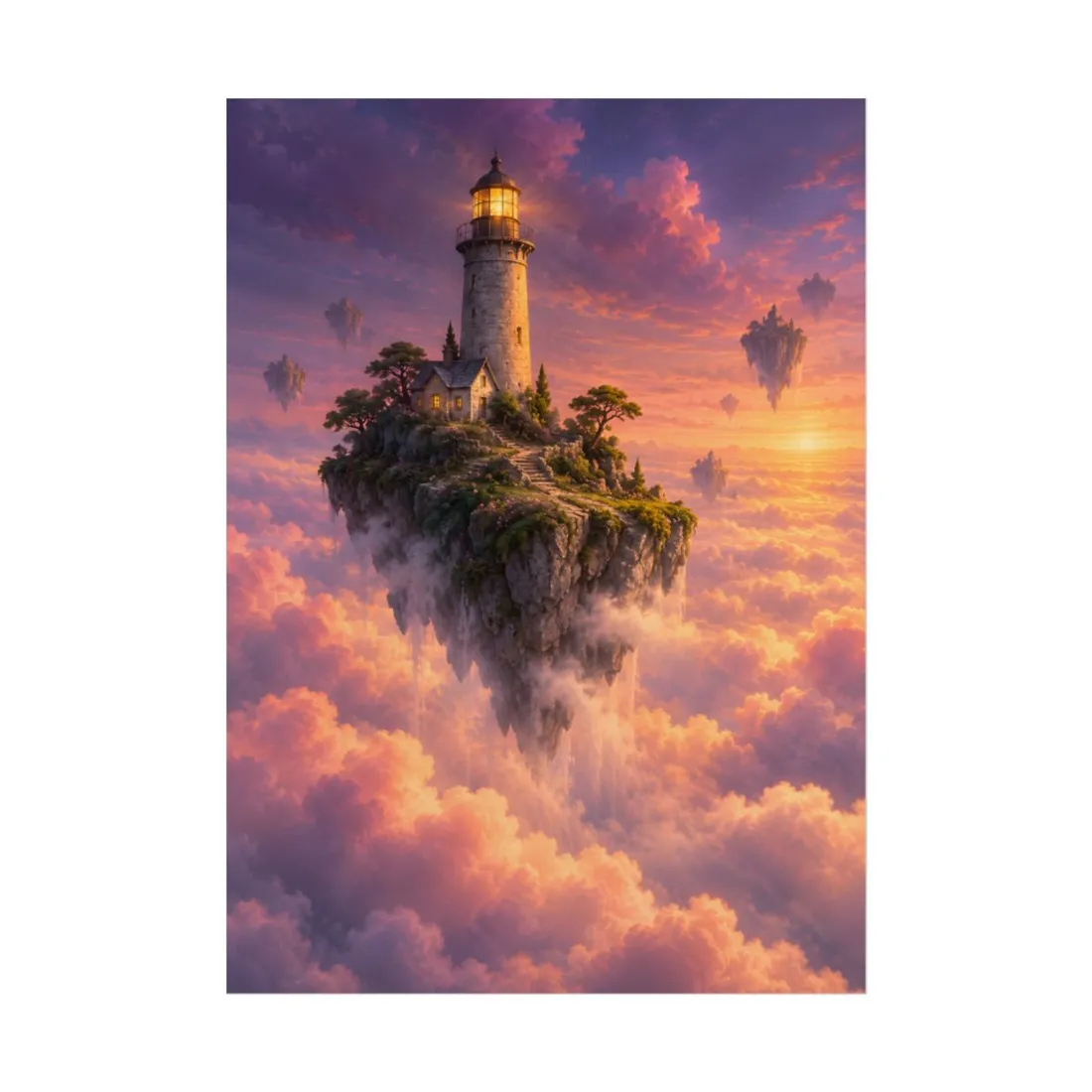 Glowing lighthouse on a floating island above pink clouds at sunset – Poster, view 1