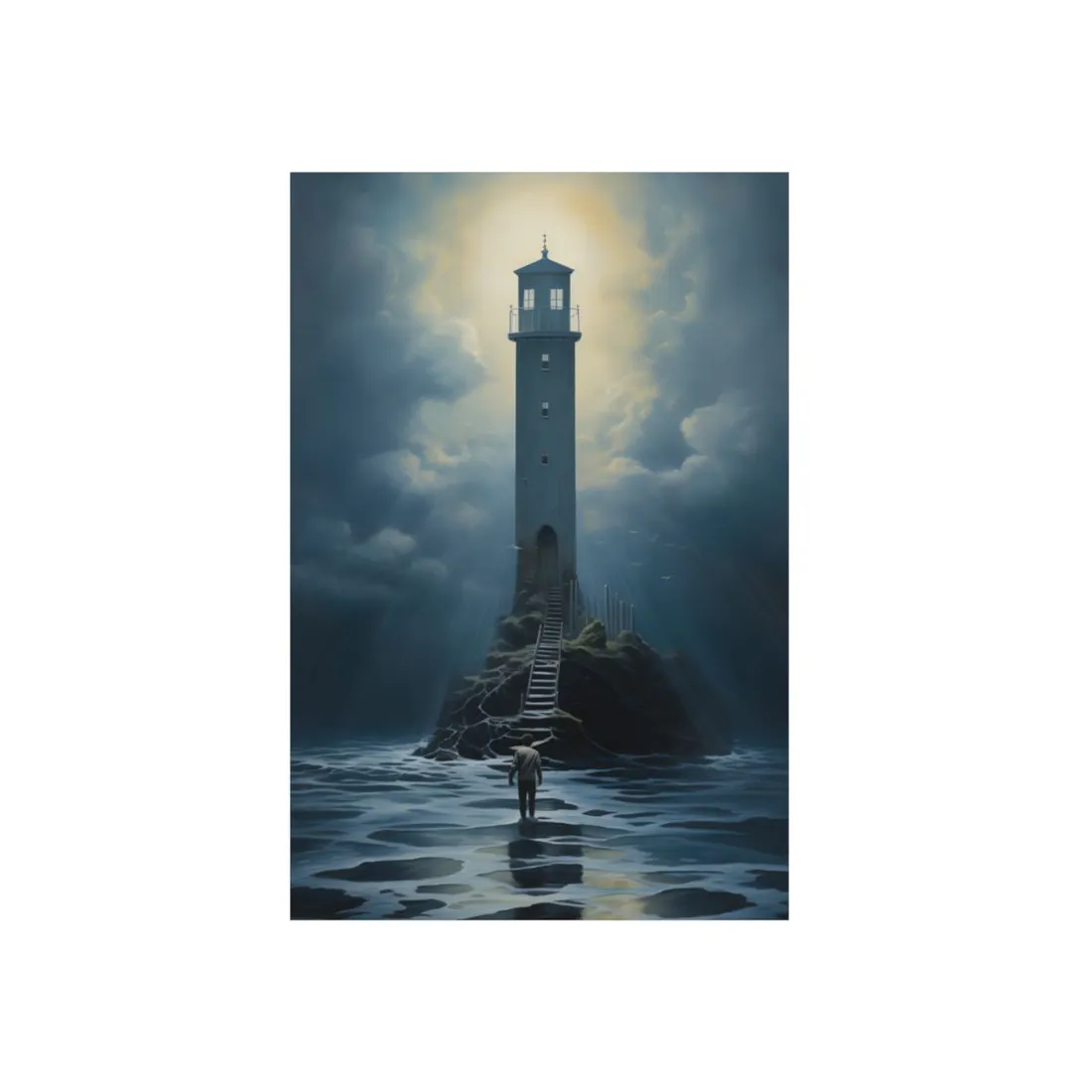 Lighthouse on a Stormy Cliff: Dramatic Sky with Light Rays - Metal Poster