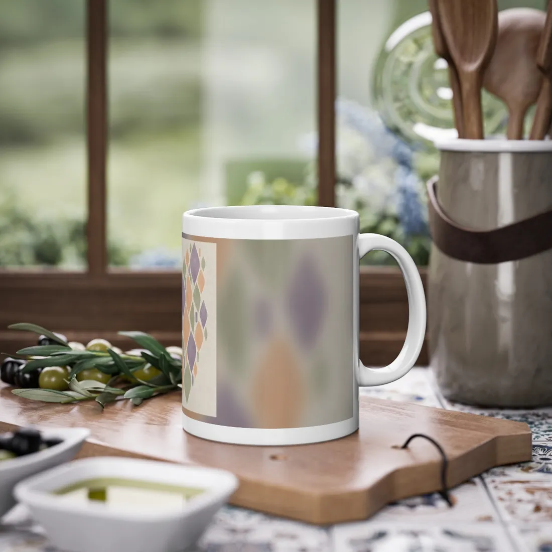 Pastel lavender, peach and sage leaf shapes arranged diagonally on a cream background – Mug, view 2