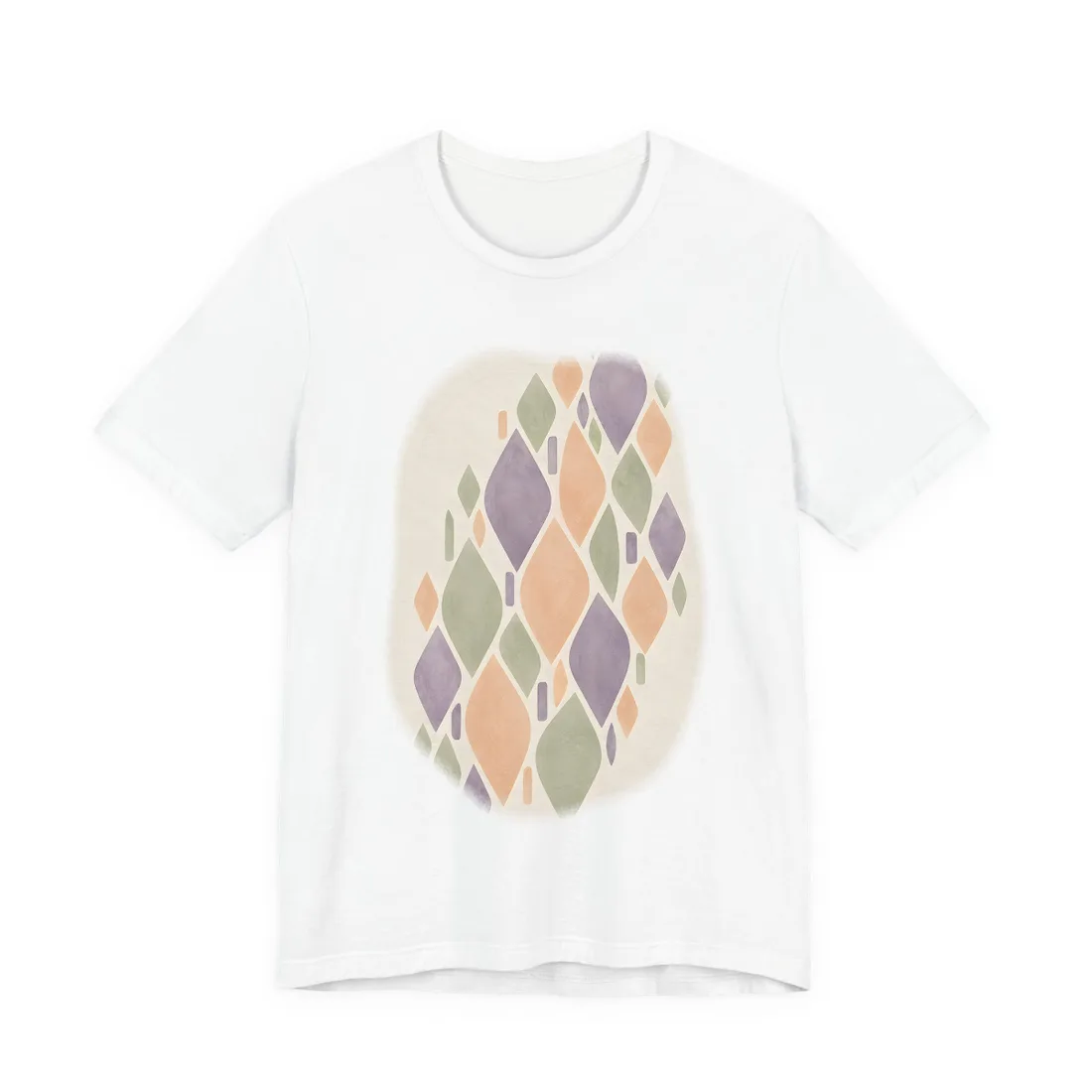 Pastel lavender, peach and sage leaf shapes arranged diagonally on a cream background – T-Shirt, view 1