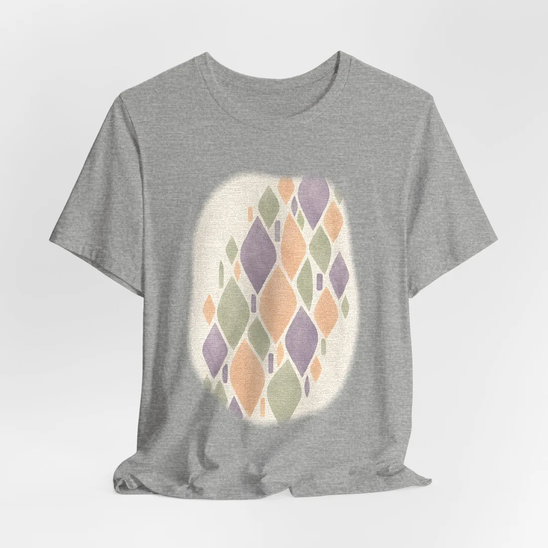Pastel lavender, peach and sage leaf shapes arranged diagonally on a cream background – T-Shirt, view 2