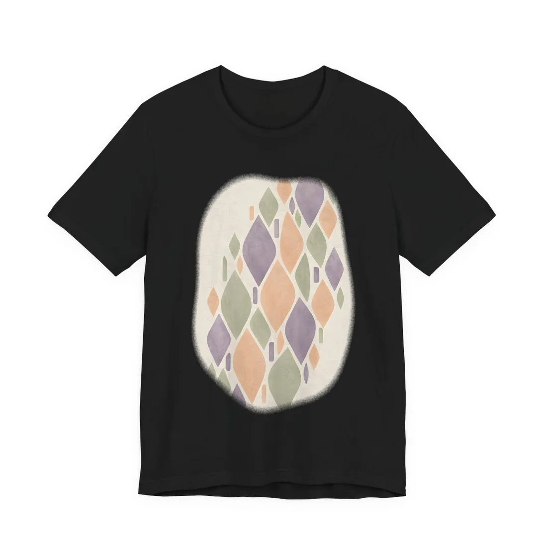 Pastel lavender, peach and sage leaf shapes arranged diagonally on a cream background – T-Shirt, view 3
