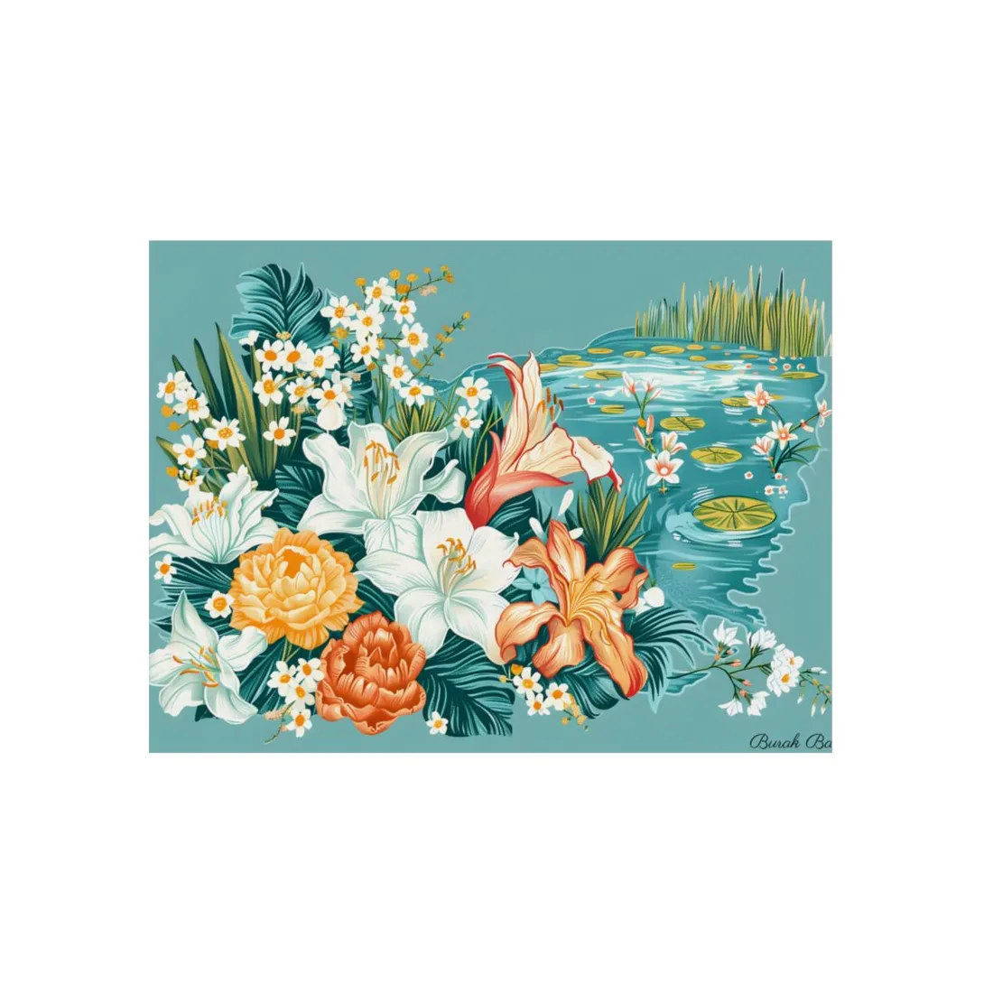 Lily Pond Garden: White Lilies, Orange Blooms and Water Lilies - Metal Poster