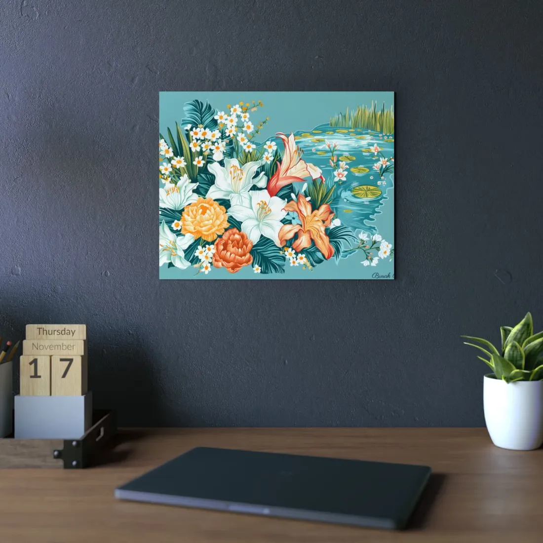 Lily Pond Garden: White Lilies, Orange Blooms and Water Lilies - Metal Poster