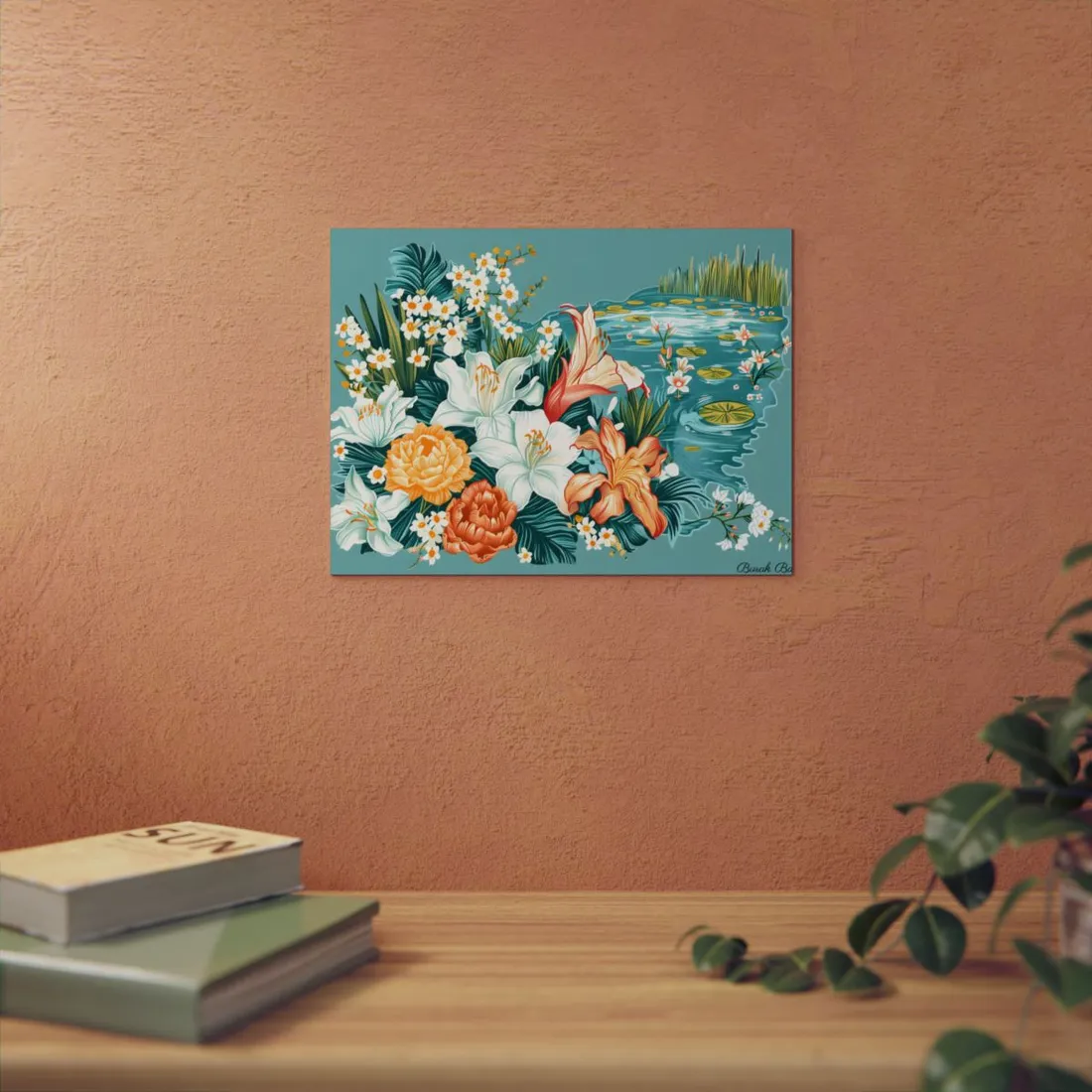 Lily Pond Garden: White Lilies, Orange Blooms and Water Lilies - Metal Poster