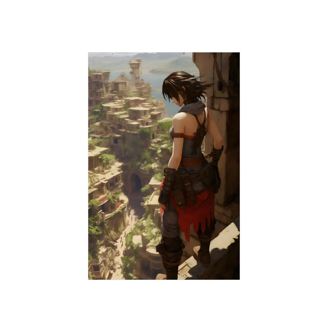 Lone Figure Above Ancient Ruins: Fantasy City Overlook - Metal Poster