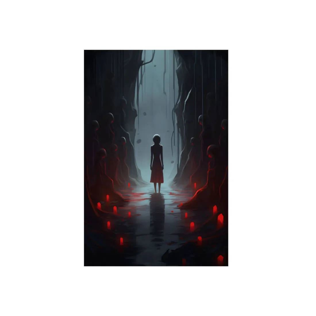 Lone Girl Among Ghostly Figures: Eerie Red-Lit Corridor - Metal Poster