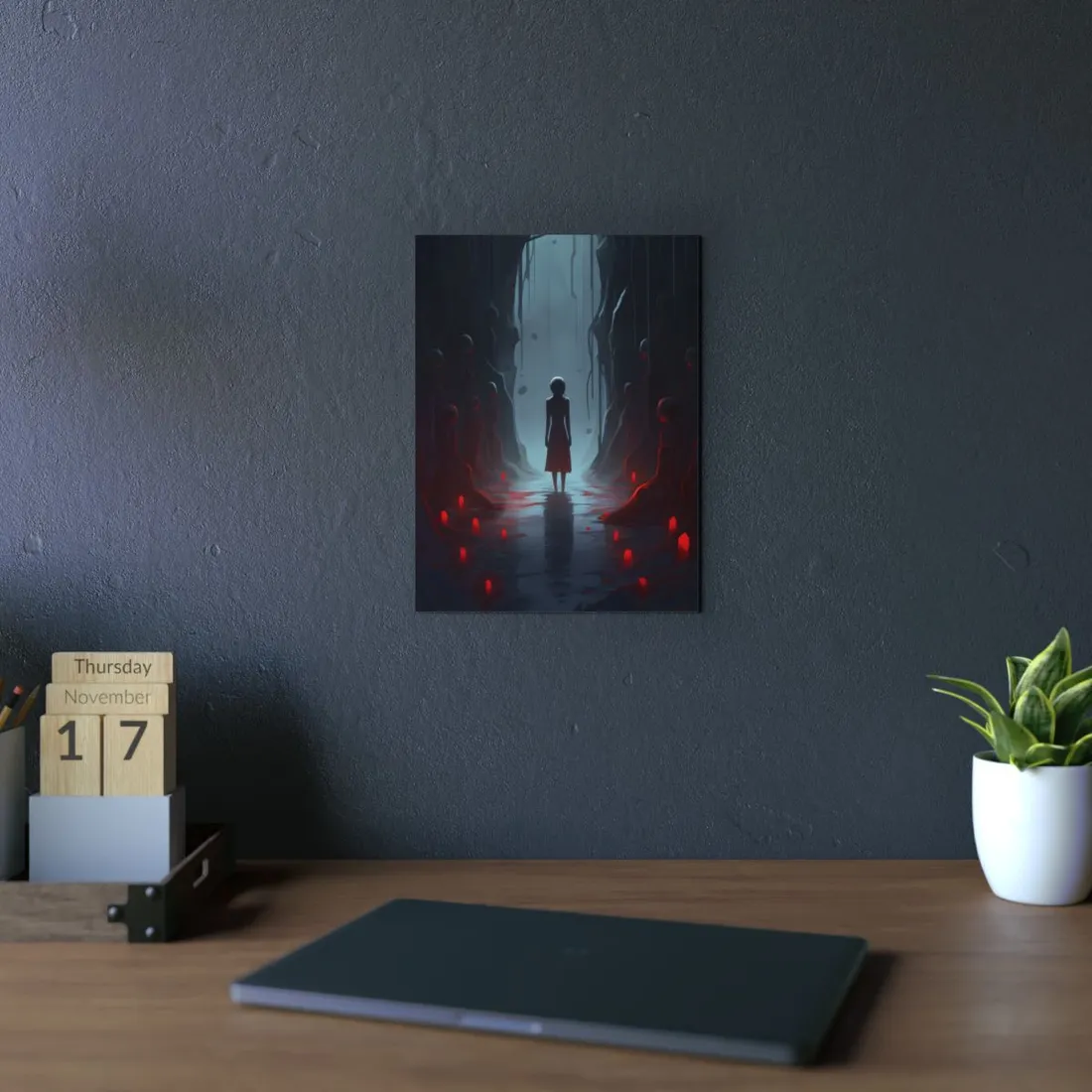 Lone Girl Among Ghostly Figures: Eerie Red-Lit Corridor - Metal Poster