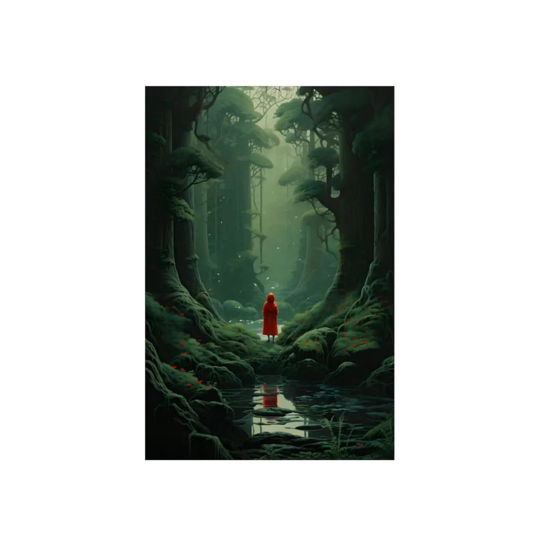 Lost in the Enchanted Forest: Red Cloak Among Giant Trees - Metal Poster