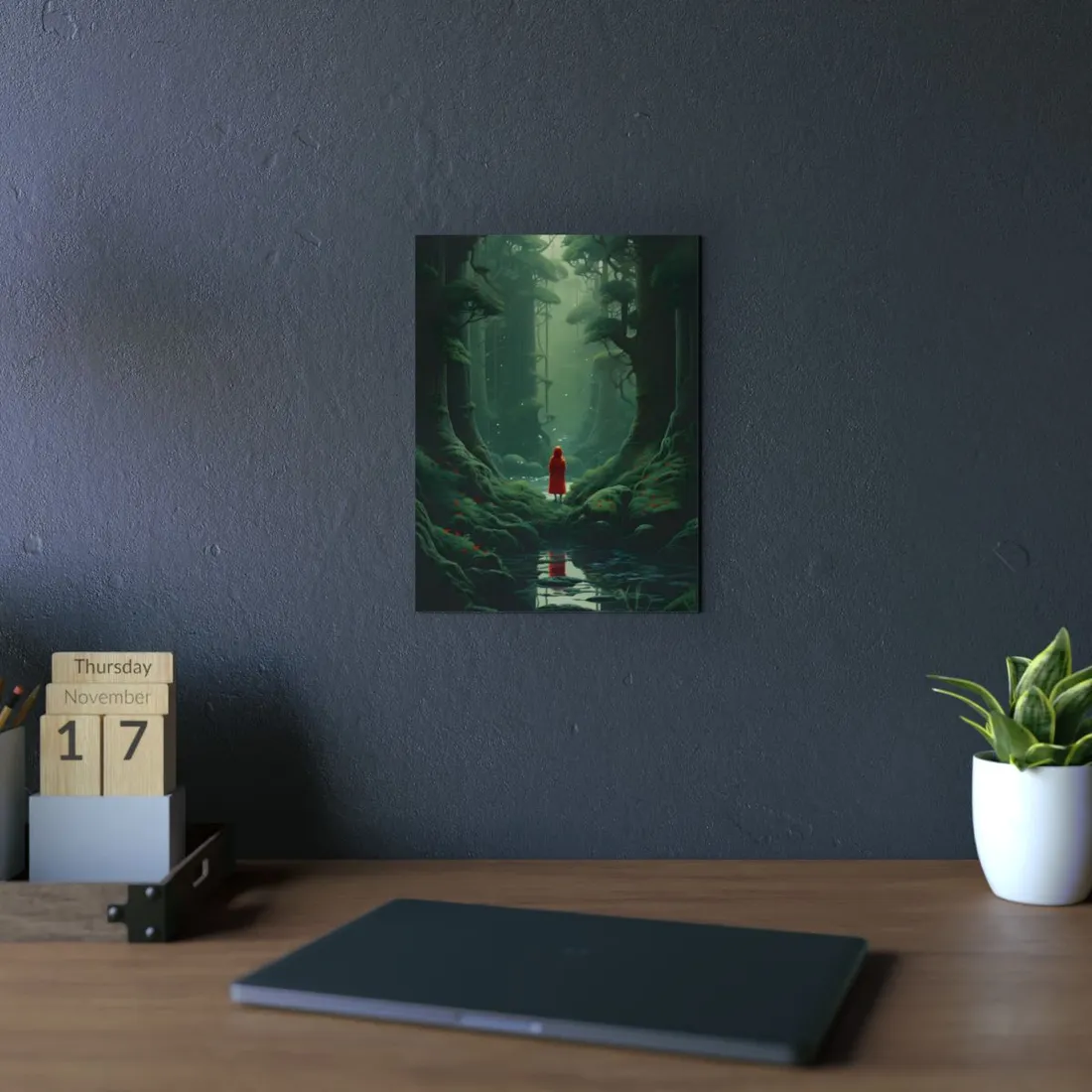 Lost in the Enchanted Forest: Red Cloak Among Giant Trees - Metal Poster