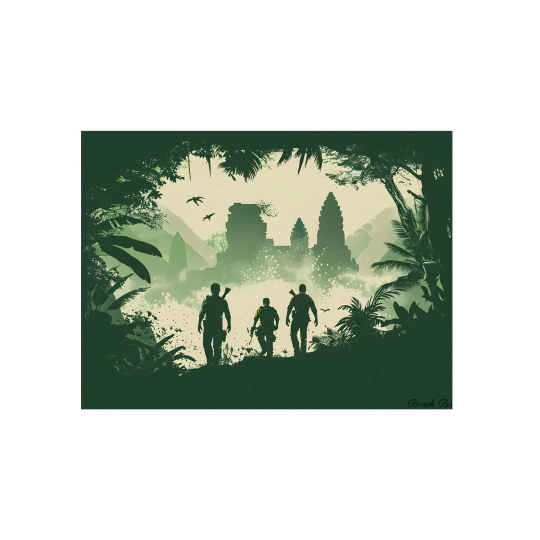 Lost Temple Expedition: Jungle Explorers Silhouette Art - Metal Poster
