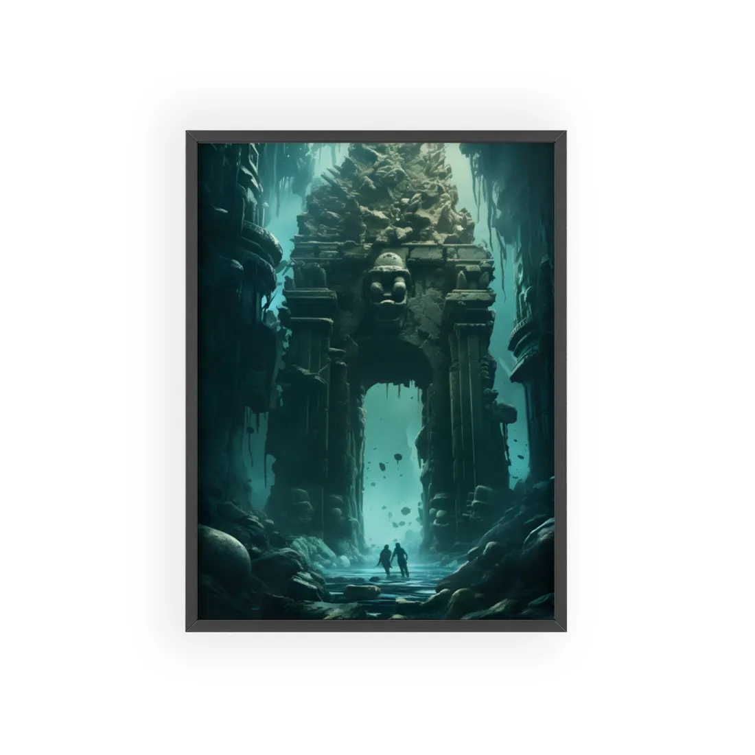 Lost Underwater Ancient City: Mysterious Blue Hues Art - Framed Poster