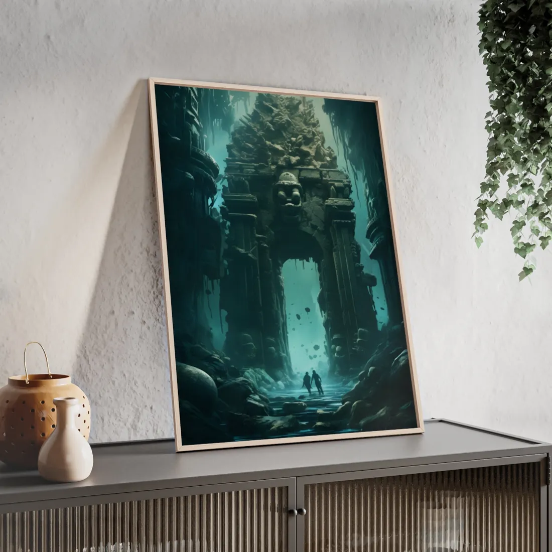 Lost Underwater Ancient City: Mysterious Blue Hues Art - Framed Poster