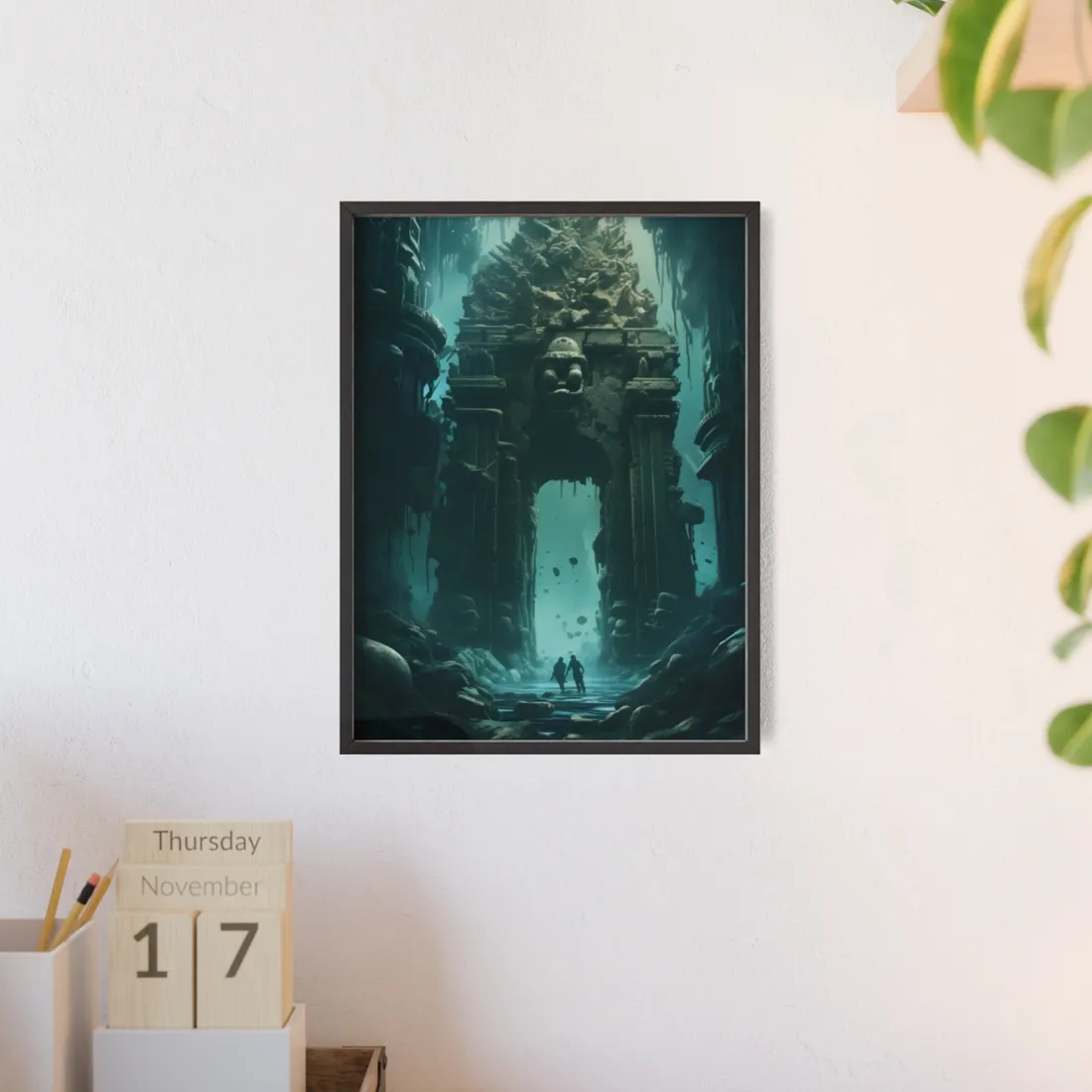 Lost Underwater Ancient City: Mysterious Blue Hues Art - Framed Poster