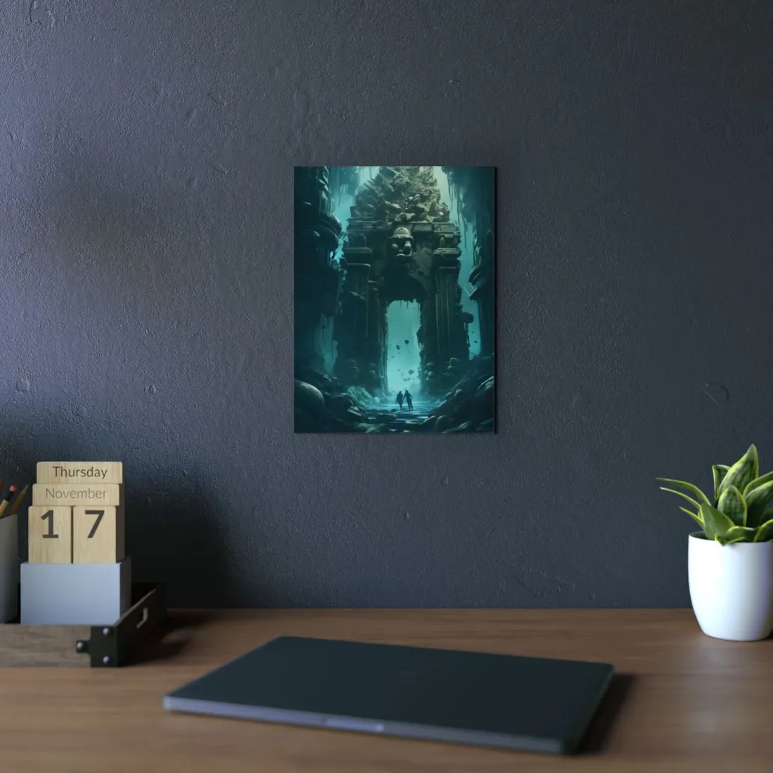Lost Underwater Ancient City: Mysterious Blue Hues Art - Metal Poster