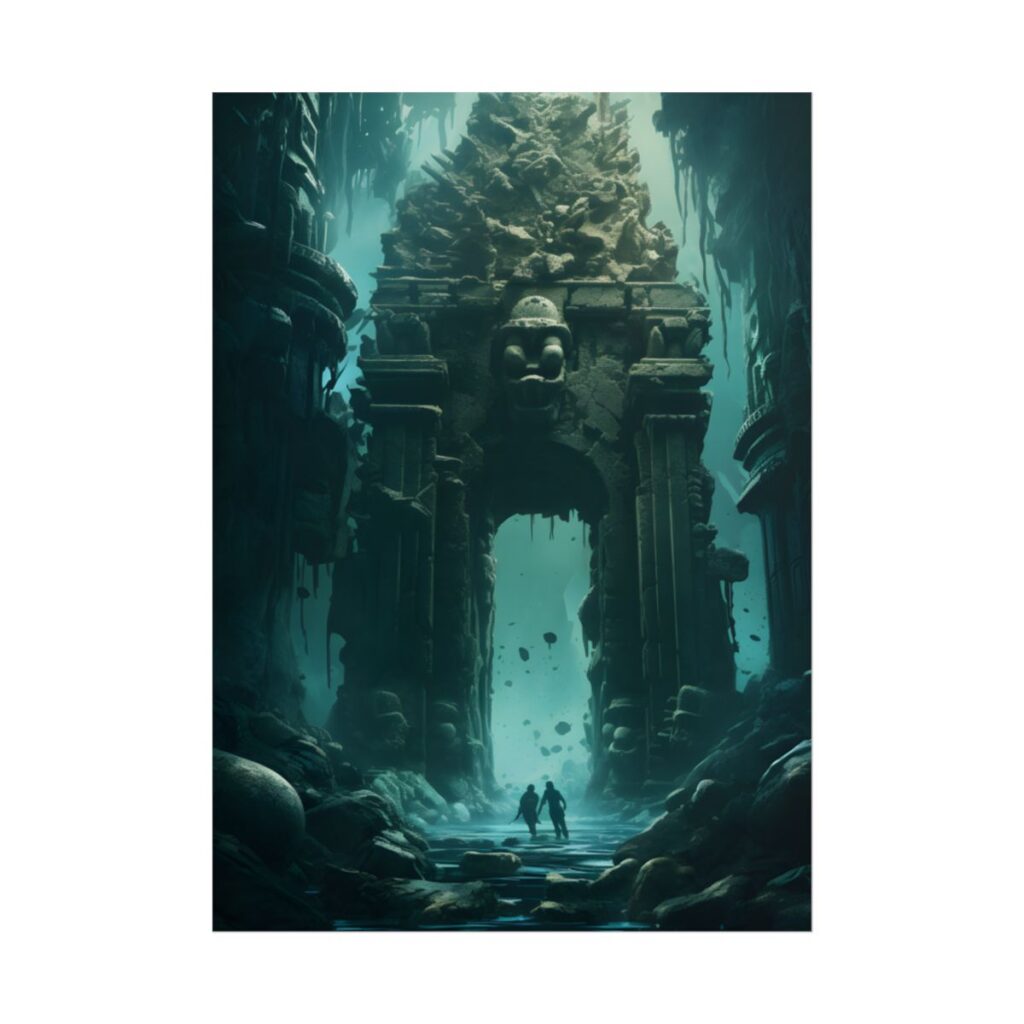 Lost Underwater Ancient City: Mysterious Blue Hues Art - Poster