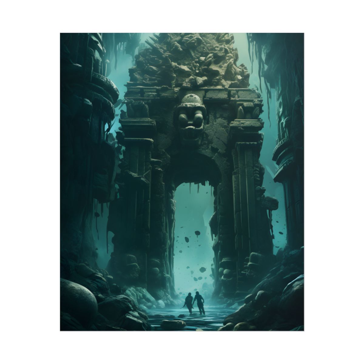 Lost Underwater Ancient City: Mysterious Blue Hues Art - Poster