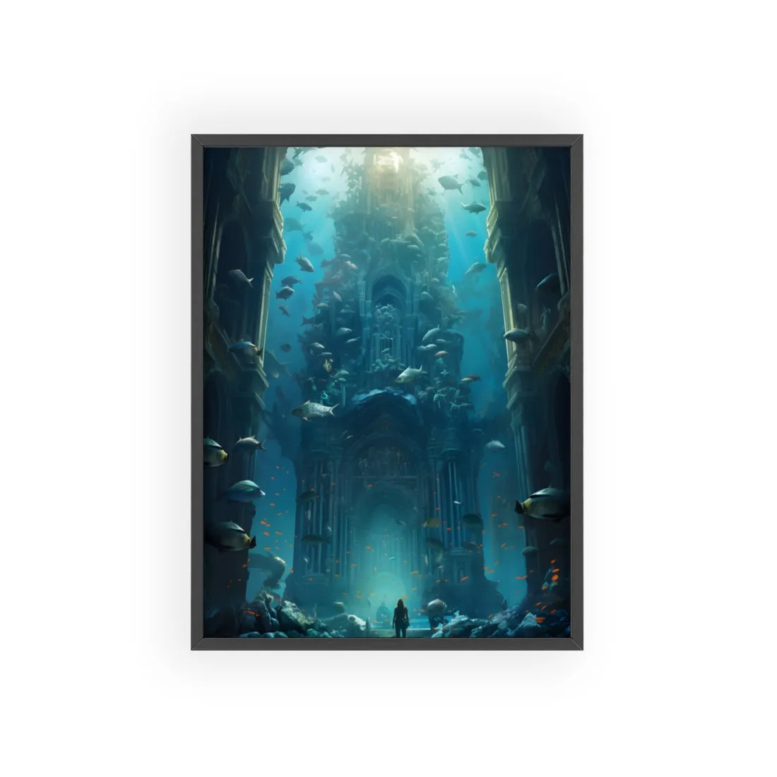 Lost Underwater City: Ancient Civilization Sunken in Blue Waters - Framed Poster