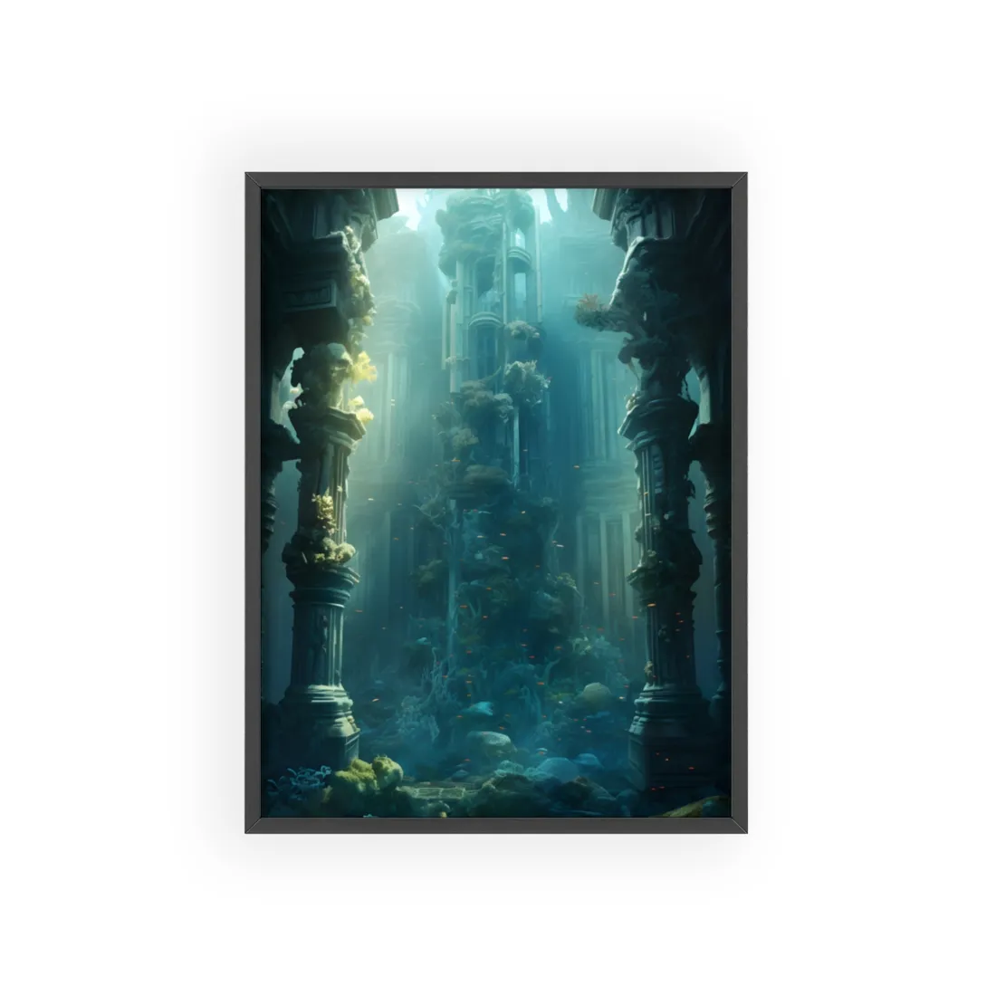 Lost Underwater City: Ancient Sunken Ruins in Blue Depths - Framed Poster
