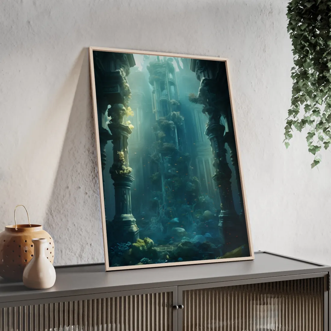 Lost Underwater City: Ancient Sunken Ruins in Blue Depths - Framed Poster