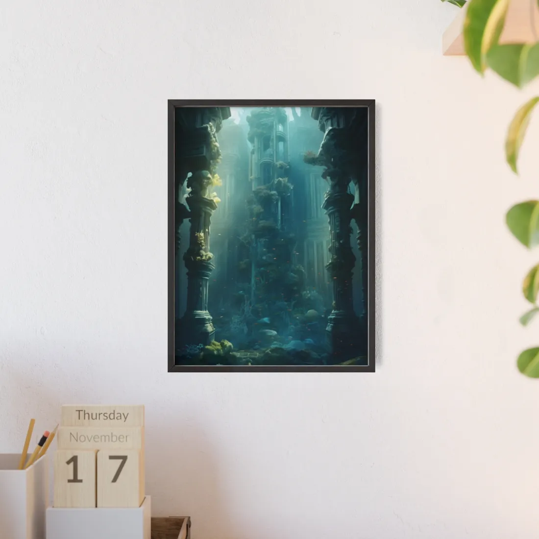Lost Underwater City: Ancient Sunken Ruins in Blue Depths - Framed Poster