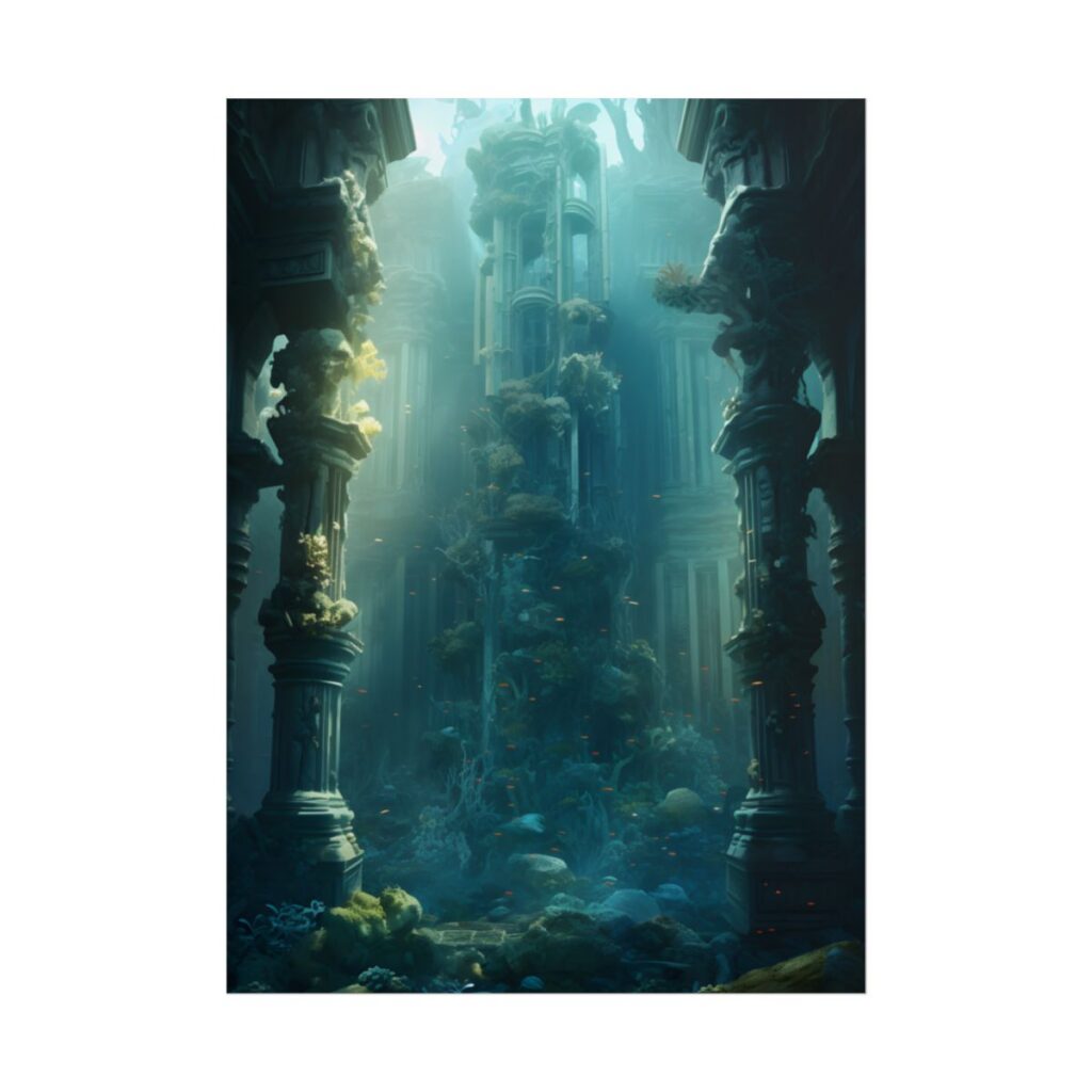 Lost Underwater City: Ancient Sunken Ruins in Blue Depths - Poster