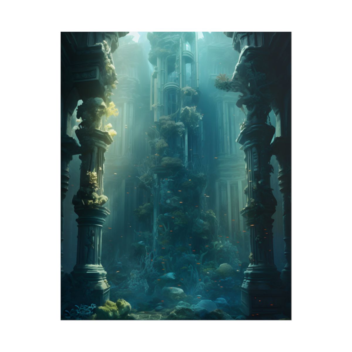 Lost Underwater City: Ancient Sunken Ruins in Blue Depths - Poster