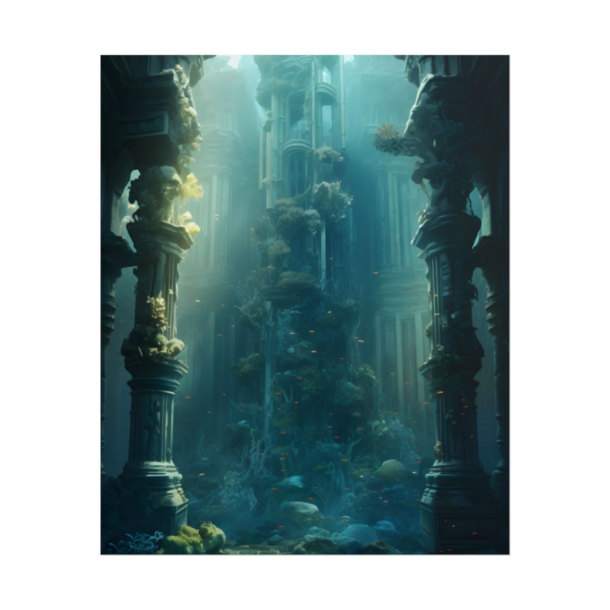 Lost Underwater City: Ancient Sunken Ruins in Blue Depths - Poster