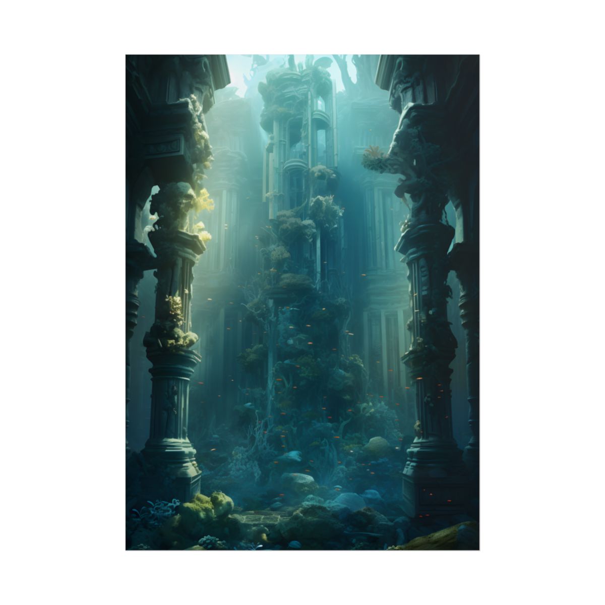 Lost Underwater City: Ancient Sunken Ruins in Blue Depths - Poster