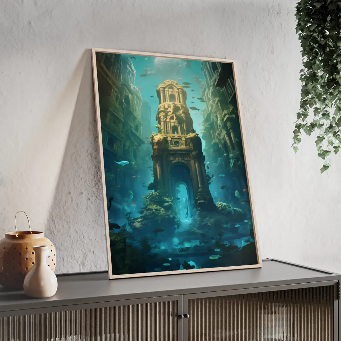Lost Underwater Civilization: Ancient City Ruins Art - Framed Poster