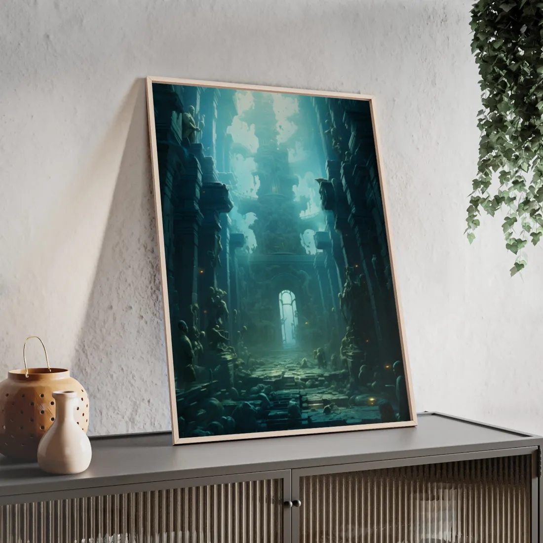 Lost Underwater Civilization: Ancient Ruins in Sunken Depths - Framed Poster