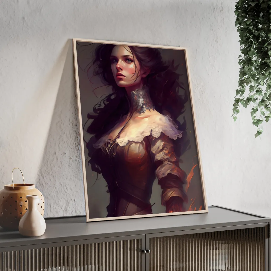 Lovely Brown Hair Portrait: Stunning Female Art - Framed Poster