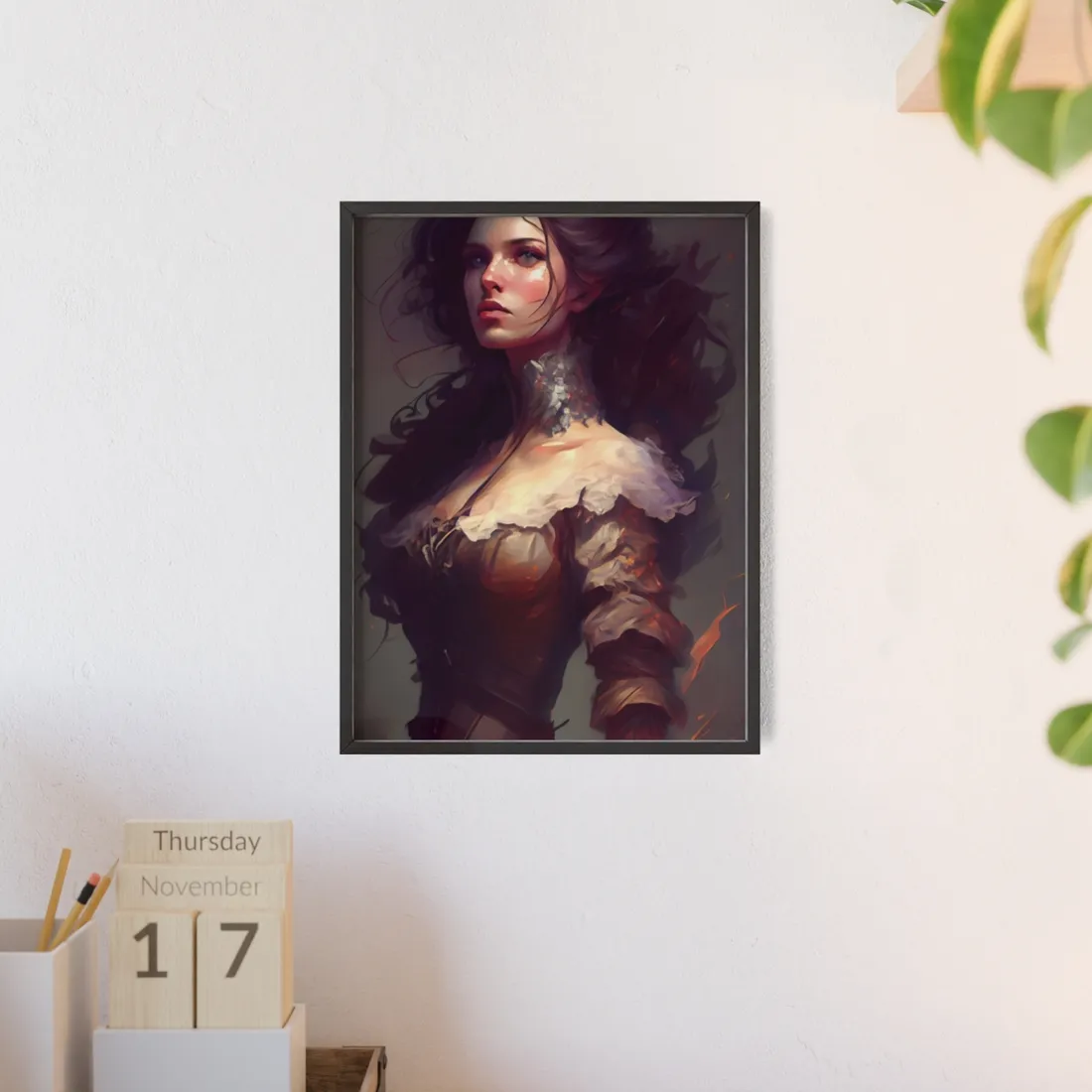 Lovely Brown Hair Portrait: Stunning Female Art - Framed Poster