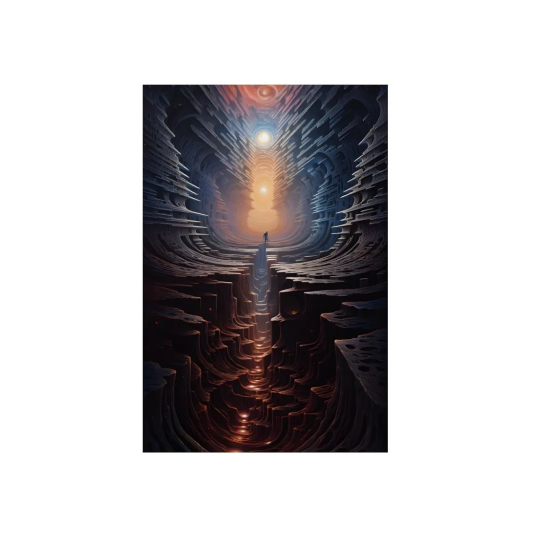 Luminous Cave Tunnel: Silhouette Walking Toward the Light - Metal Poster