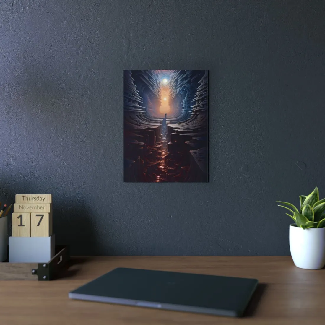 Luminous Cave Tunnel: Silhouette Walking Toward the Light - Metal Poster