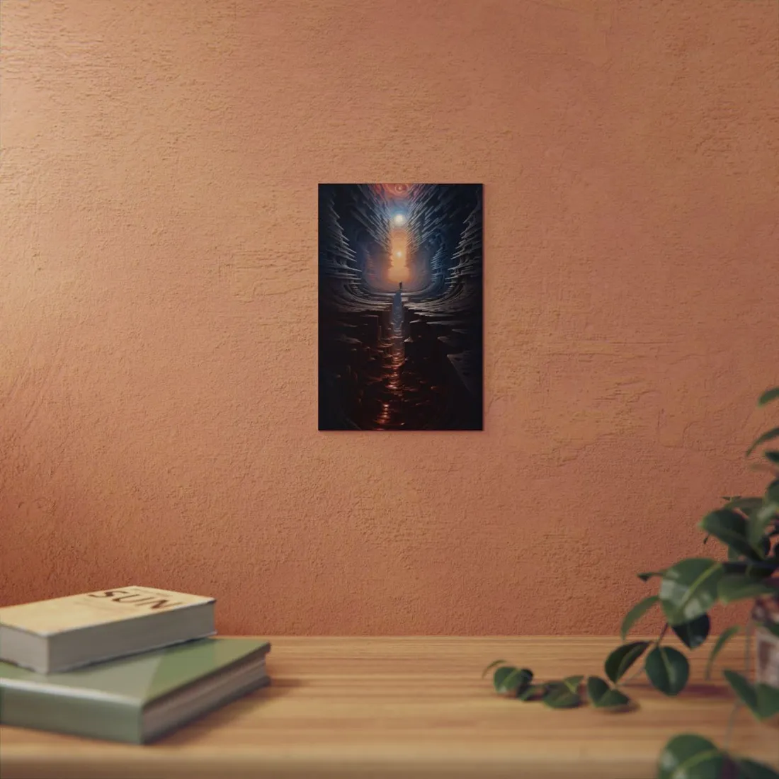 Luminous Cave Tunnel: Silhouette Walking Toward the Light - Metal Poster