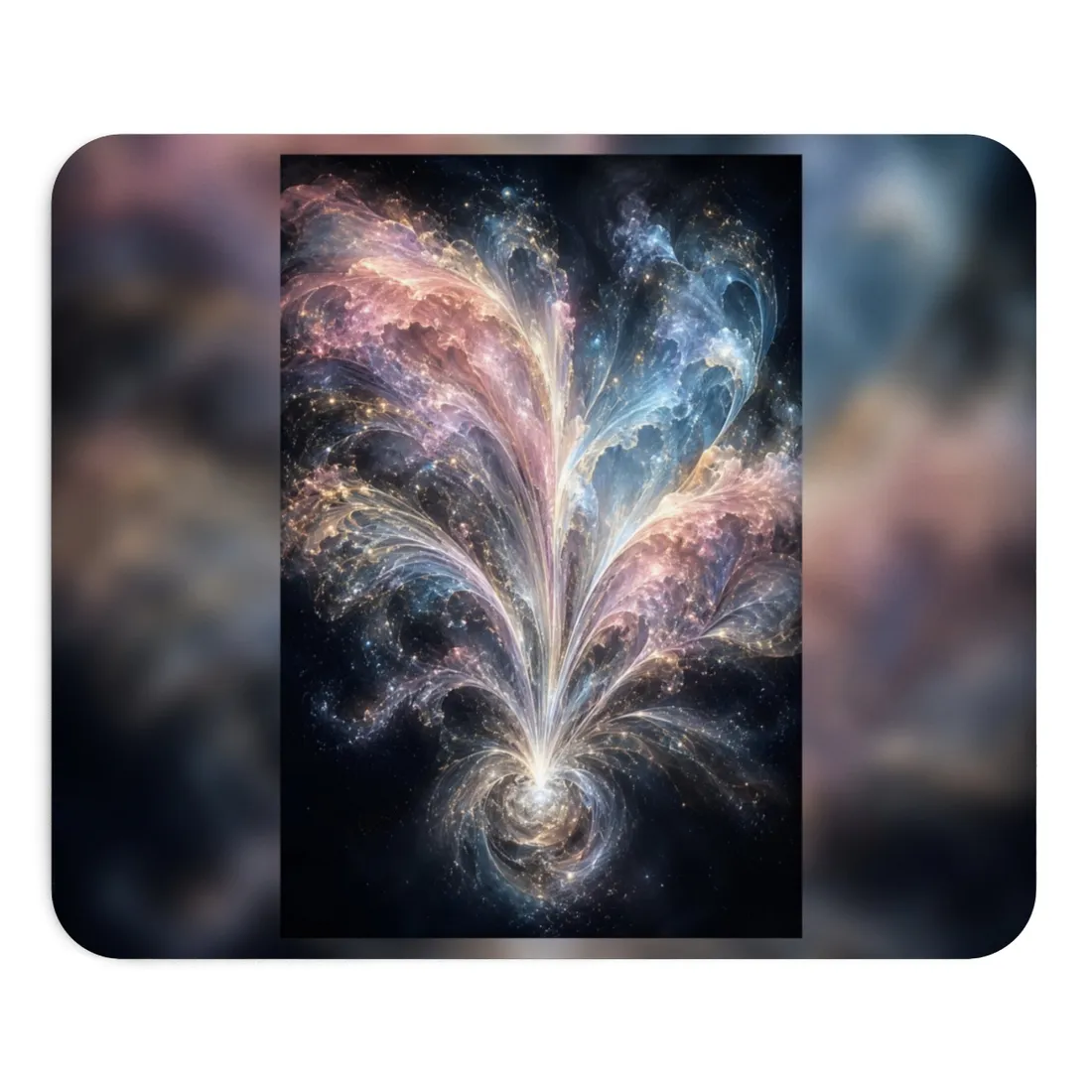 Abstract cosmic swirl of pink, blue and gold light rising from a glowing spiral – Mouse Pad, view 1