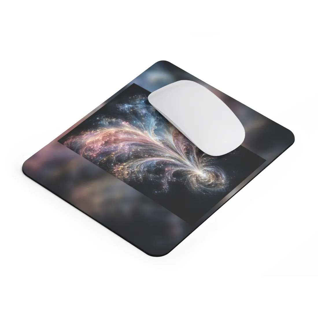 Abstract cosmic swirl of pink, blue and gold light rising from a glowing spiral – Mouse Pad, view 2