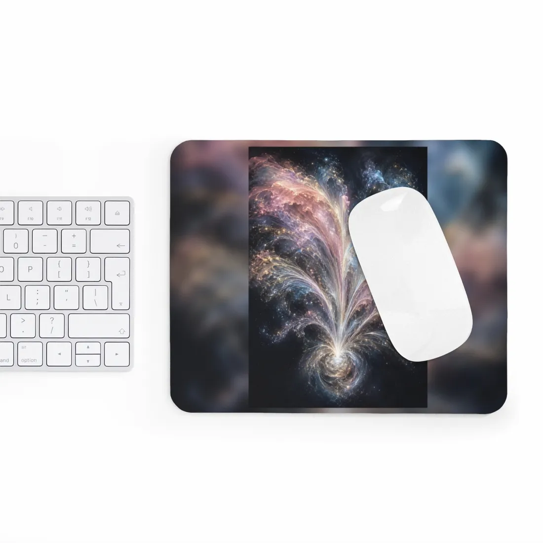 Abstract cosmic swirl of pink, blue and gold light rising from a glowing spiral – Mouse Pad, view 3