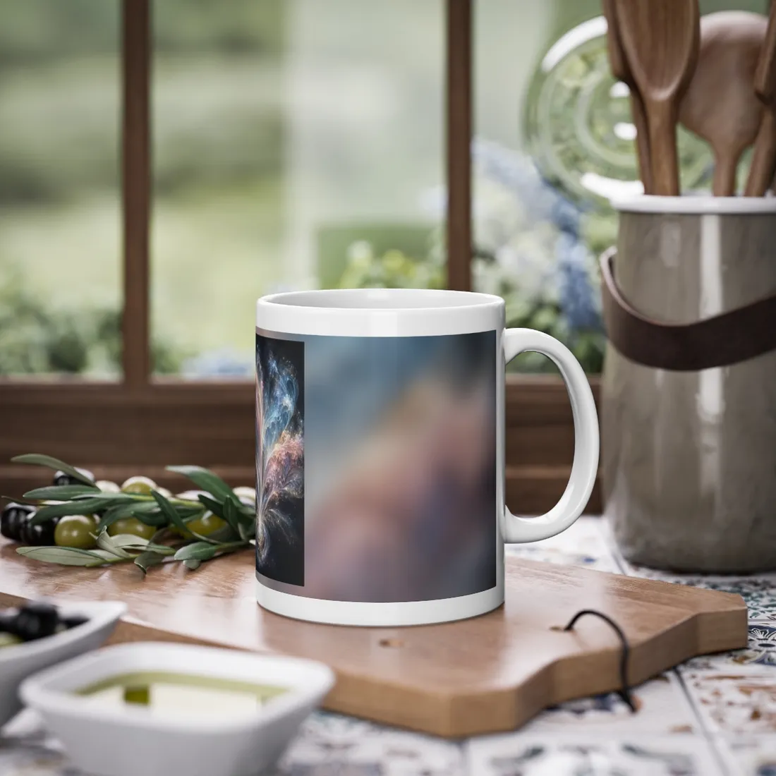 Abstract cosmic swirl of pink, blue and gold light rising from a glowing spiral – Mug, view 2