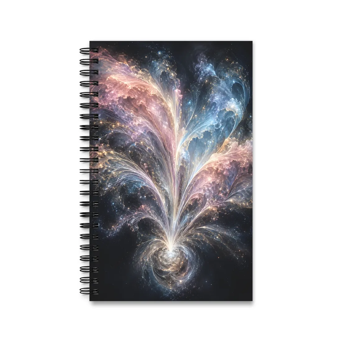 Abstract cosmic swirl of pink, blue and gold light rising from a glowing spiral – Spiral Notebook, view 1