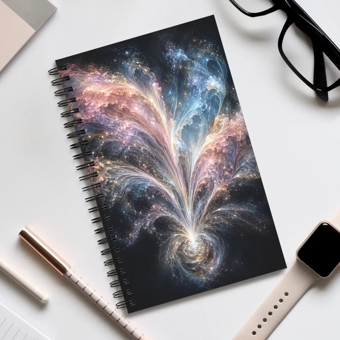 Abstract cosmic swirl of pink, blue and gold light rising from a glowing spiral – Spiral Notebook, view 2