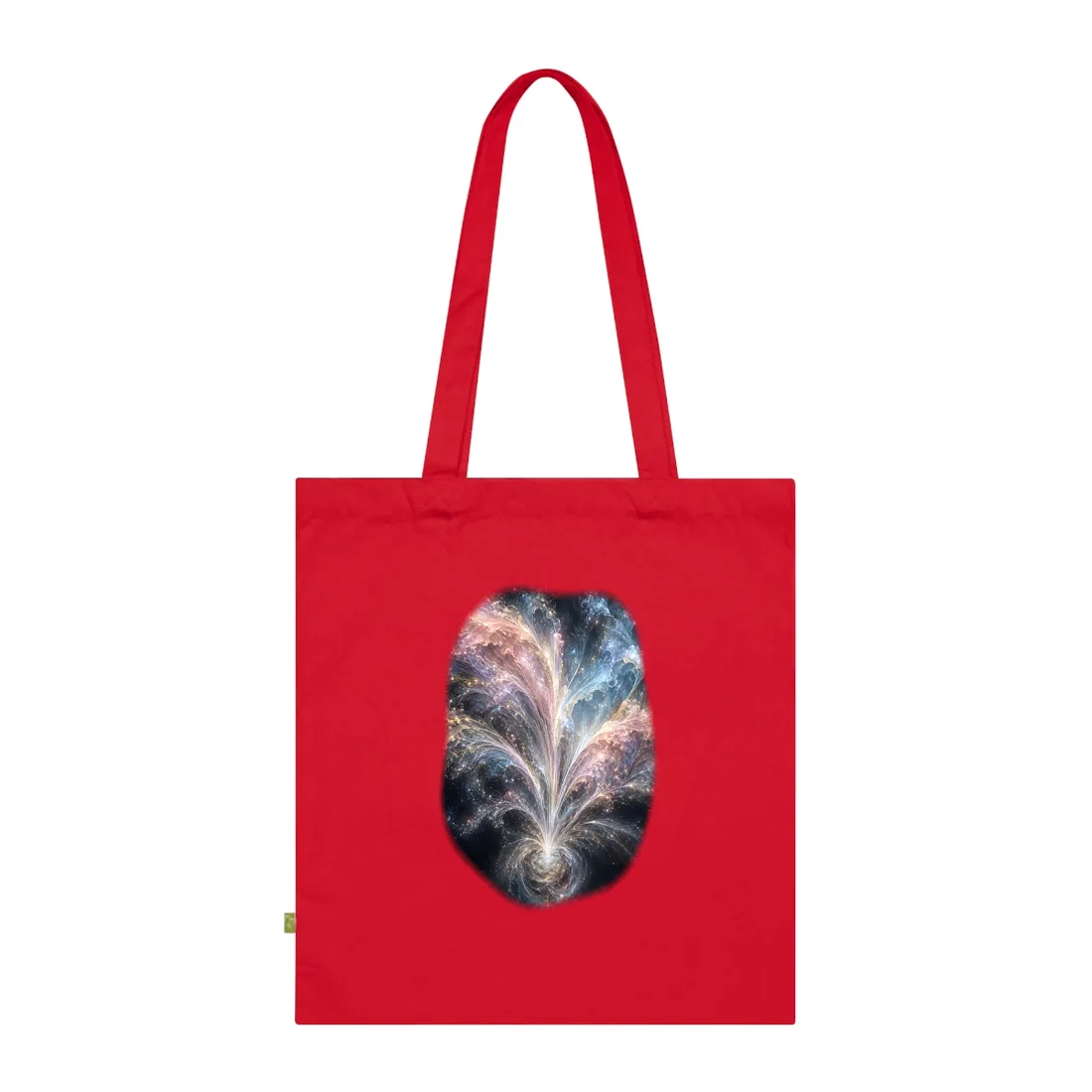 Abstract cosmic swirl of pink, blue and gold light rising from a glowing spiral – Tote Bag, view 1