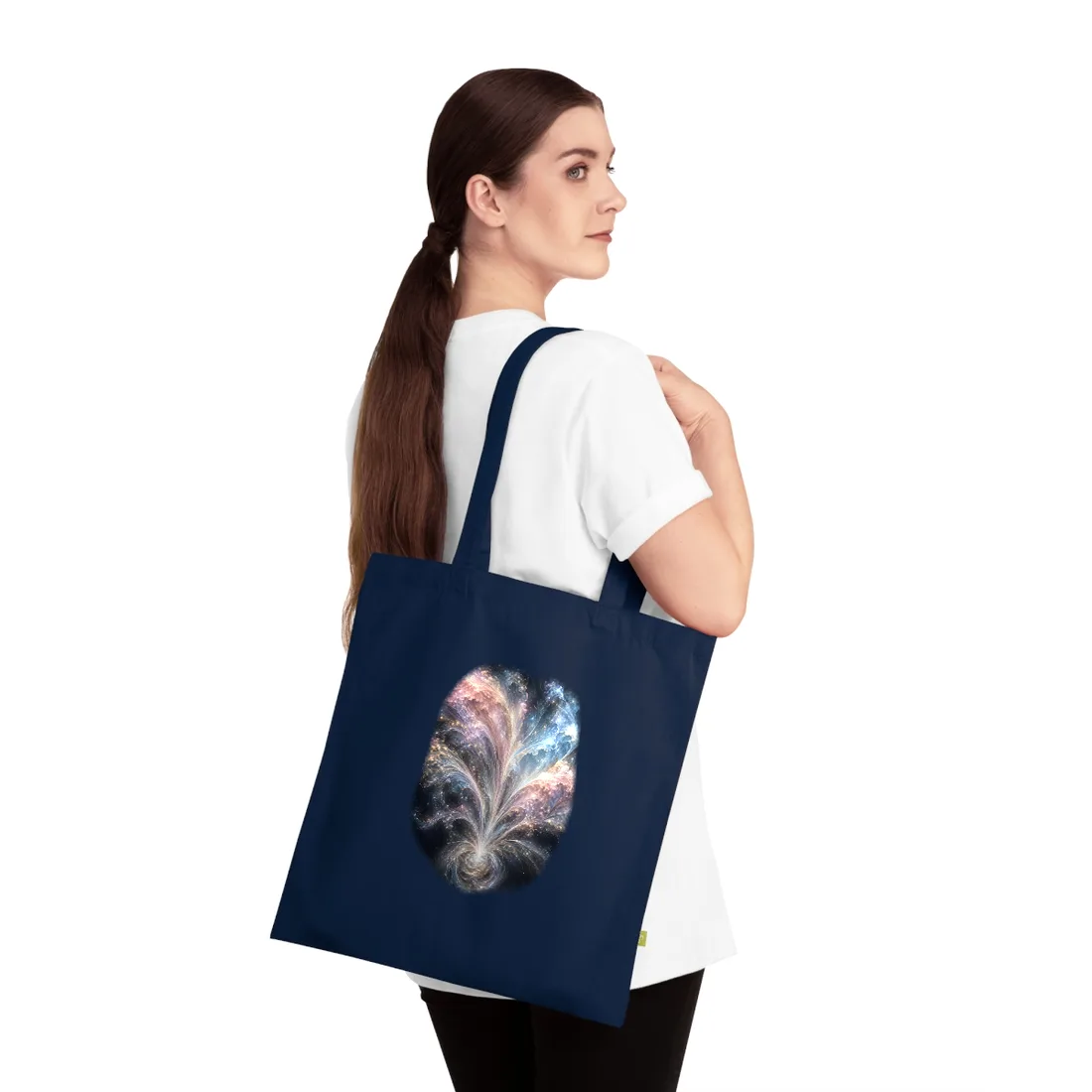 Abstract cosmic swirl of pink, blue and gold light rising from a glowing spiral – Tote Bag, view 2