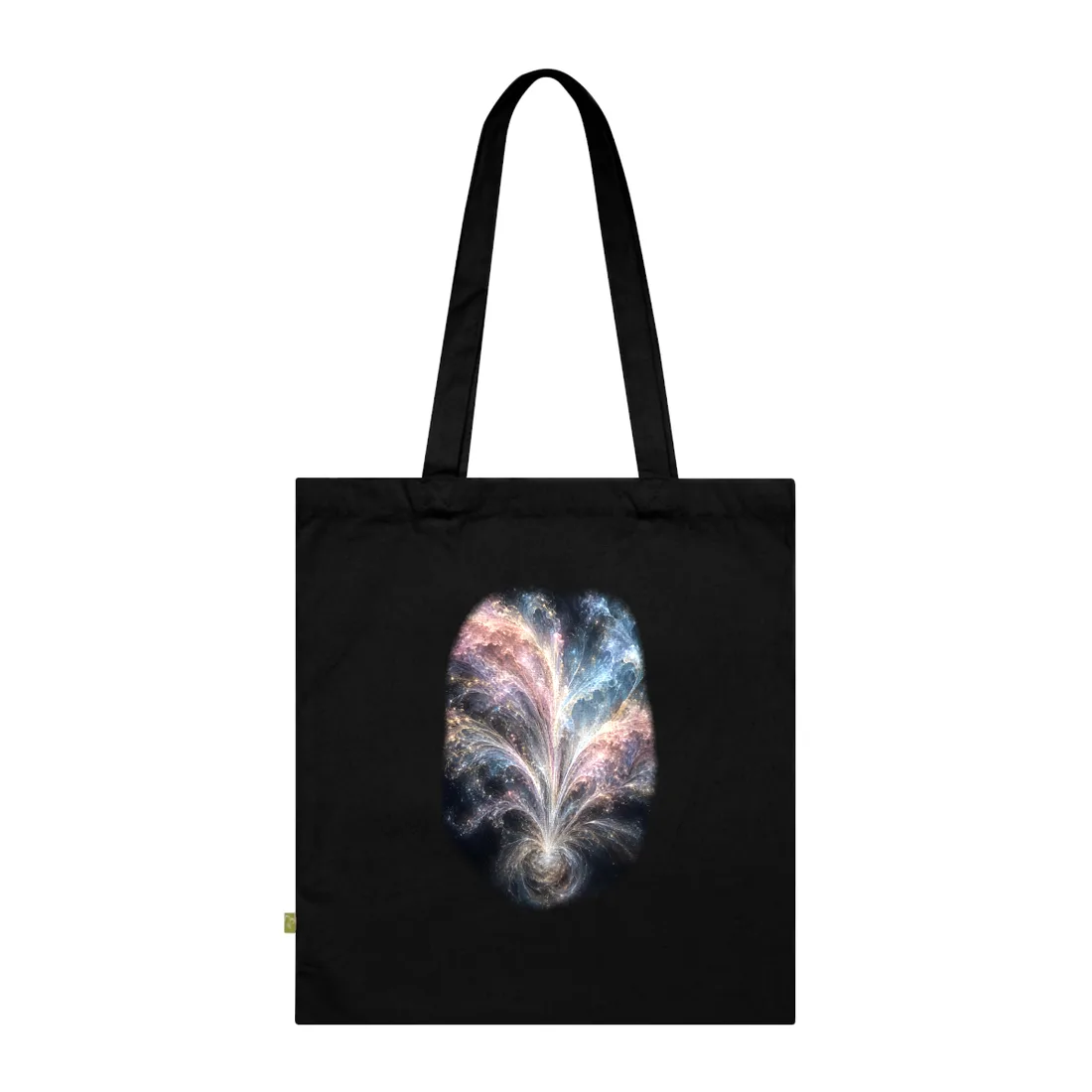 Abstract cosmic swirl of pink, blue and gold light rising from a glowing spiral – Tote Bag, view 3