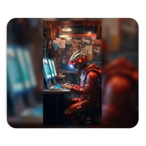 Cyber Hacker at Desk: Red Android Portrait Mouse Pad